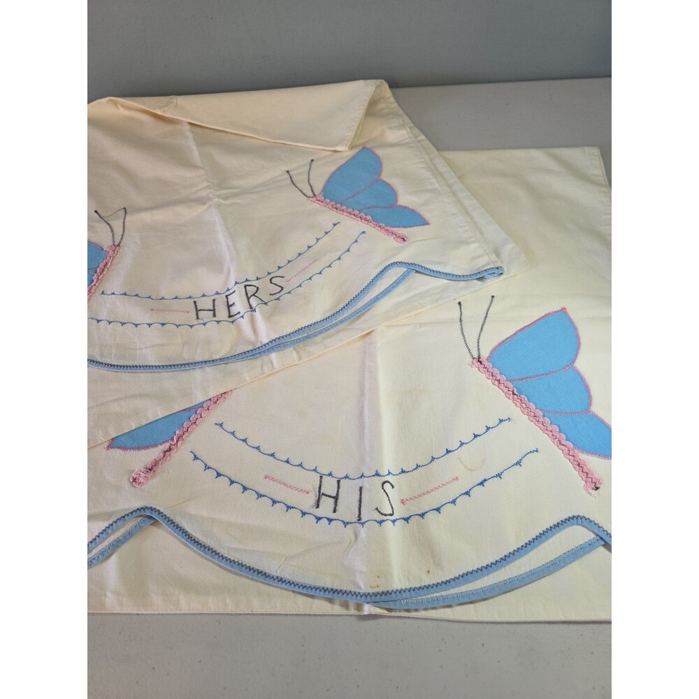 Vtg Hand Embroidered Pillowcases Pair Butterflies His & Hers Crochet Trim 17x33